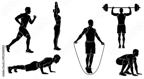 Fitness Silhouette Set: Running, Push-ups, Jump Rope, Weightlifting, Squats