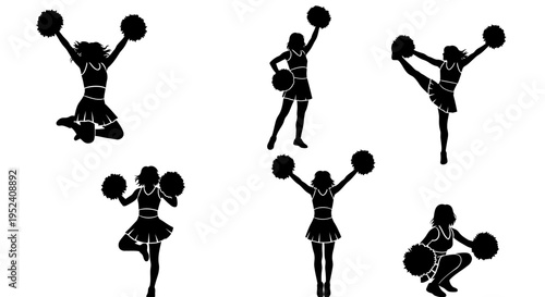 Cheerleader Silhouettes: Dynamic Poses with Pom-Poms, Black and White Action