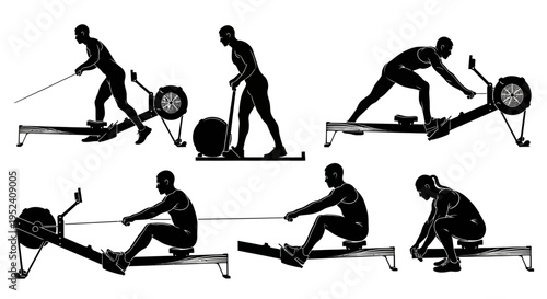 Rowing Machine Exercise Sequence: Silhouette of Man Performing Various Workout Movements
