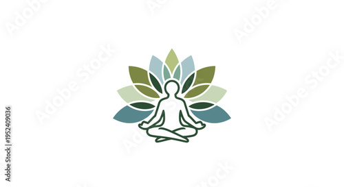 Stylized illustration of a person meditating in the lotus position with a multi-colored lotus flower background, symbolizing peace, wellness, and spiritual harmony.