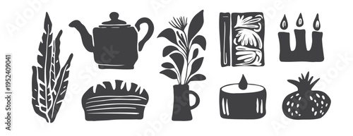 Black linocut cottagecore vector set. Cozy rustic home decor bundle with teapot, bread, candles and plant. Vintage woodcut style hand drawn kitchen elements for hygge art and branding