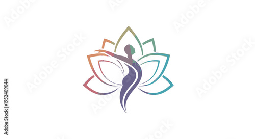 Stylized human figure in a graceful pose with outstretched arms, set against a vibrant gradient lotus flower, symbolizing wellness and spiritual growth.