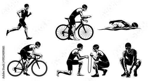 Triathlon Athlete Set: Running, Cycling, Swimming, Training, Silhouette