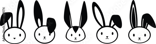 Five cartoon rabbit faces with different expressions