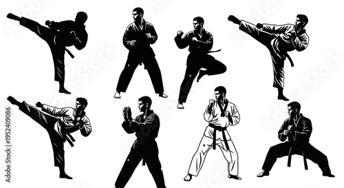 Karate Martial Arts Silhouette and Line Art Poses Collection