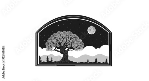 Monochromatic graphic illustration of a majestic old tree under a full moon and starry night sky, with rolling hills and pine trees in the background, within an arched frame.