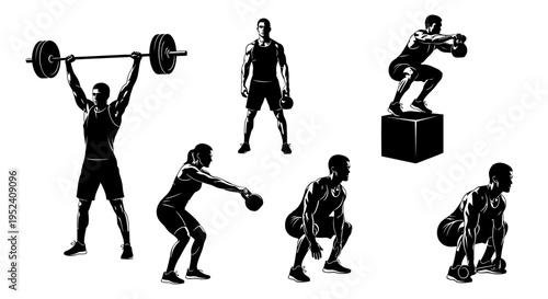 Fitness Silhouettes: Diverse Workout Poses with Weights and Barbells