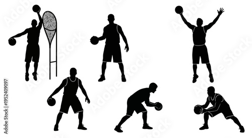 Basketball Player Silhouettes: Action Poses, Dribbling, Shooting, Jumping