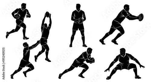 Rugby Players Silhouettes: Action Poses - Running, Catching, Tackling, Passing