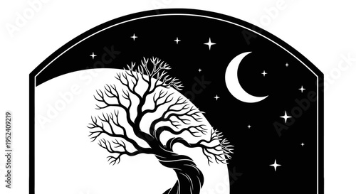 Stylized black and white illustration of a gnarled, ancient tree under a crescent moon and stars in an arched frame, with a split background.