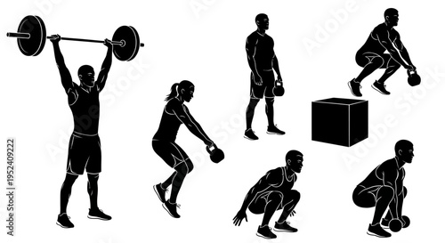 Crossfit Workout Silhouettes: Weightlifting, Box Jumps, Kettlebell Swings, Squats