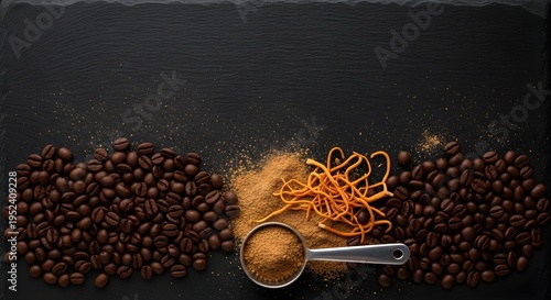Roasted Coffee Beans and Chaga Mushroom Powder on Dark Slate, Functional Superfood Blend Concept