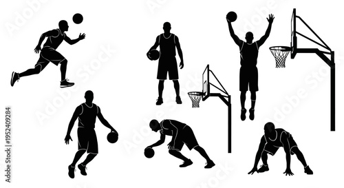 Basketball Player Silhouettes: Action Poses, Dribbling, Shooting, Dunking