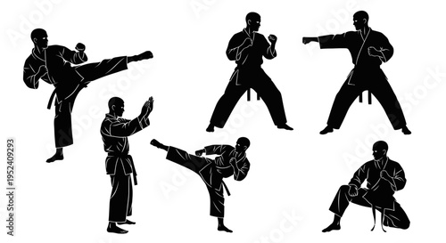 Karate Martial Arts Silhouette: Dynamic Kicks and Punches in Action Poses