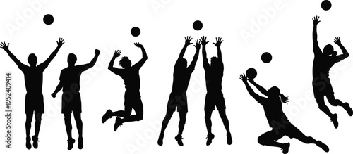 Collection of professional volleyball player silhouettes including actions like spiking, jumping, blocking, and diving isolated on a clean white background.