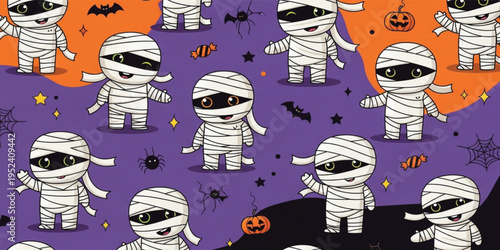 Cute Halloween Mummy Seamless Pattern with Bats Pumpkins Spiders and Candy on Purple Background Fun Cartoon Spooky Holiday Vector Illustration