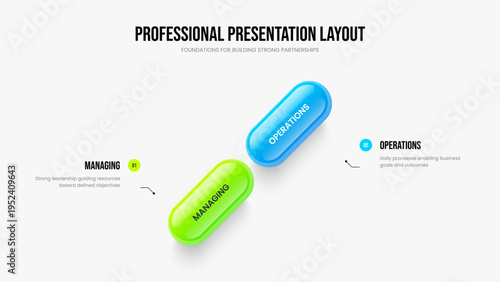 Advertising Launch Slideshow Template Vector Illustration. Investor Portfolio 2 Option Infographic Slide Design. Market Growth Two Element Diagram Presentation Layout.