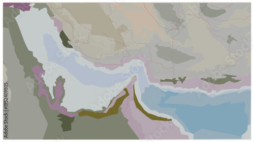 Stylized vector map of the Strait of Hormuz highlighting coastal geography, surrounding countries,in a modern abstract cartographic design.