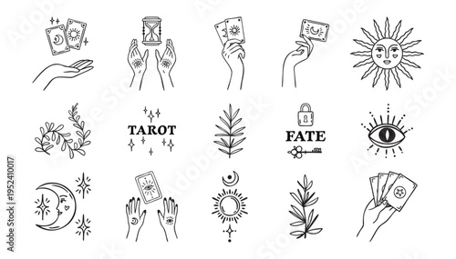 Boho set of tarot and plants, witch hands, fortune teller elements, astrology theme, hand drawn, monochrome line art, outline contour
