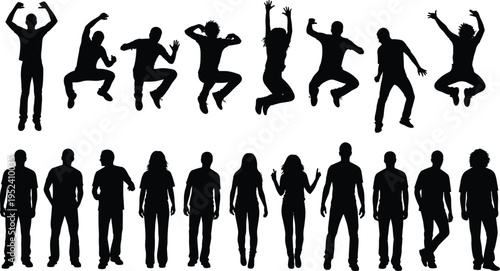 Diverse collection of black silhouettes featuring people in various poses including jumping for joy, standing still, and celebrating energetic success.