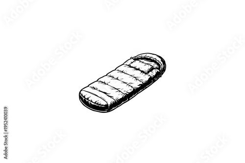 sleeping bag Vintage Camping Gear Illustration, Rustic Outdoor Heritage Vector, Engraving Style, Retro Americana Aesthetic, Black and White Linocut