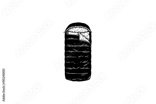sleeping bag Vintage Camping Gear Illustration, Rustic Outdoor Heritage Vector, Engraving Style, Retro Americana Aesthetic, Black and White Linocut