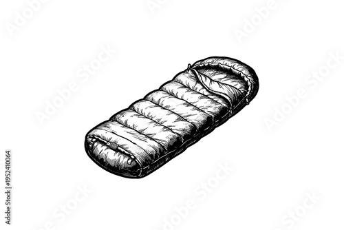 sleeping bag Vintage Camping Gear Illustration, Rustic Outdoor Heritage Vector, Engraving Style, Retro Americana Aesthetic, Black and White Linocut