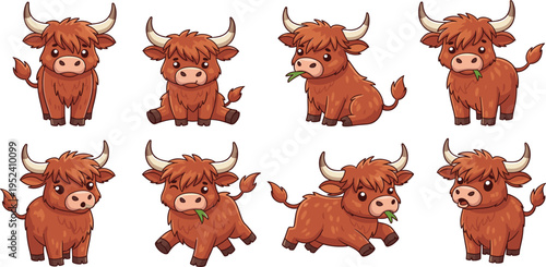 Cute Highland Cow Cartoon Character Set with Different Poses Sitting, Running, Standing and Eating Grass in Adorable Farm Animal Illustration