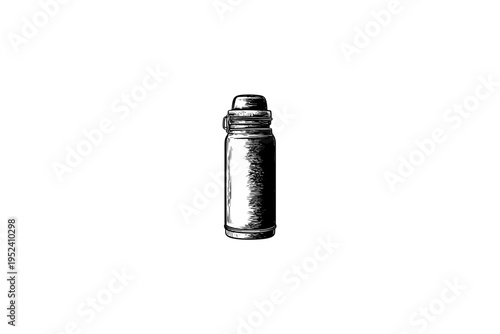 thermos Vintage Camping Gear Illustration, Rustic Outdoor Heritage Vector, Engraving Style, Retro Americana Aesthetic, Black and White Linocut