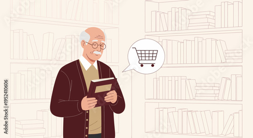 Elderly man holding book in library, thinking about shopping cart, online shopping concept