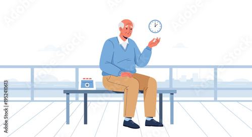 Elderly Man Waiting Patiently on Bench, Checking Time, Medical Kit Nearby