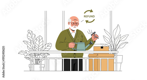 Elderly man watering plants on balcony, refund symbol overhead