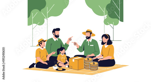 Family Picnic Gathering: Parents and Children Enjoying Outdoors with Gifts and Savings