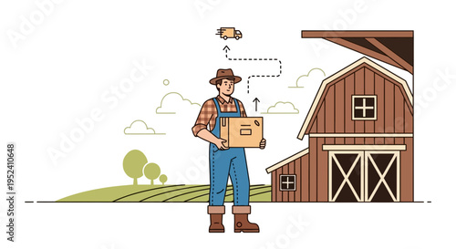 Farmer holding package with delivery truck flying over barn and fields