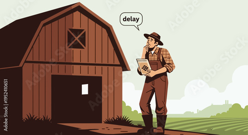 Farmer with Tablet by Barn, Thinking About Delay in Agriculture