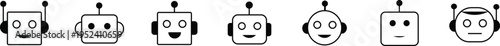 Set of cute cartoon robot avatars with different expressions and shapes for chatbot or gaming interface and tech concept