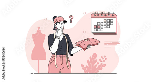 Fashion designer contemplating fabric choices with mannequin and calendar, creative process