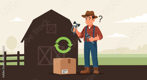 Farmer perplexed by package and recycling symbol near barn, rural delivery concept