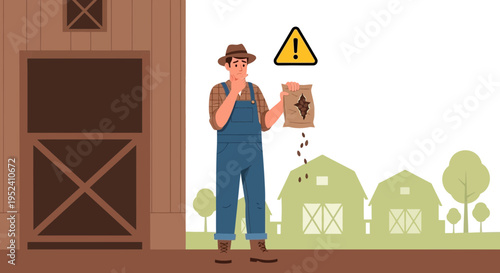 Farmer worried about damaged feed bag with warning sign and spilled grain on farm