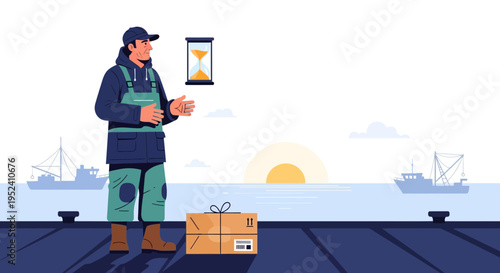 Fisherman with Package and Hourglass on Dock, Shipping and Logistics Concept