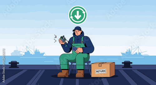Fisherman holding fish, return box, and recycling symbol on dock with boats