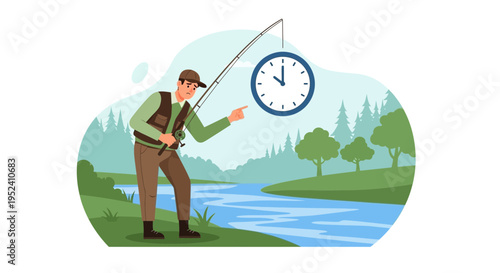 Fisherman points at clock, fishing time concept, outdoor recreation, river and forest background