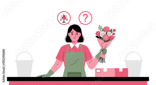 Florist confused about flower arrangement, holding bouquet with question mark