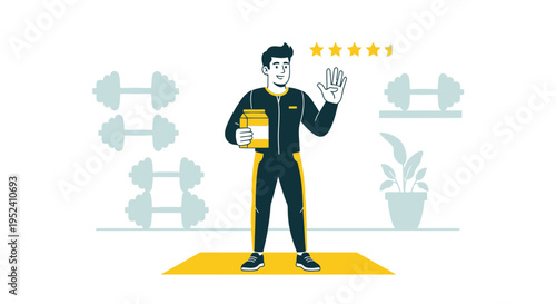 Fitness Trainer with Supplement Product, Giving Thumbs Up, Gym Background, 5 Stars Rating