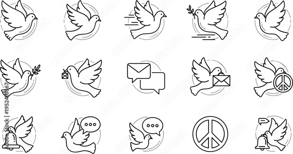 Obraz premium Peace Dove Line Icon Set with Flying Birds, Olive Branch, Message, Bell and Peace Symbols Isolated on White Background for Minimal Outline Design