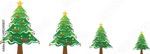 Set of four decorated christmas trees in different sizes with golden star toppers and colorful ornaments for winter holiday design and projects