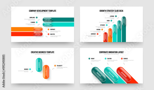 Product Forecast 4 5 2 3 Element Infographic Slideshow Template Bundle. Financial Campaign Four Five Two Three Step Diagram Presentation Design Vector Illustration Set.