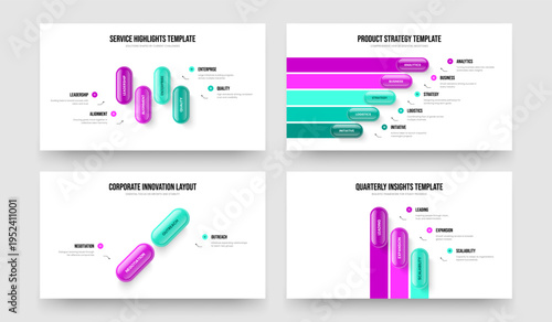 Advertising Strategy 4 5 2 3 Step Diagram Presentation Design Collection. Company Launch Four Five Two Three Element Infographic Slideshow Template Vector Illustration Set.