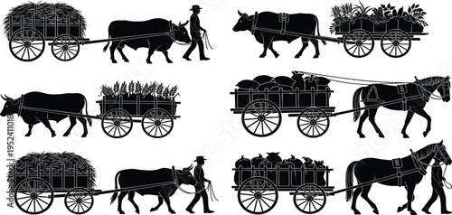 Farm Animal Cart Silhouette Set with Ox, Horse, Farmer and Wooden Wagon Carrying Hay, Crops, and Harvest Goods for Agriculture and Rural Illustration