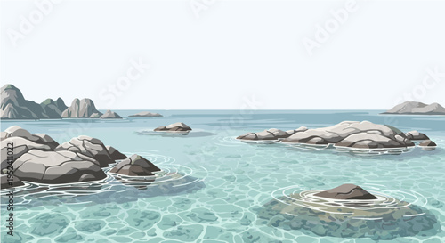 Flat vector cartoon illustration of rocky coastline with clear sea water and large boulders
